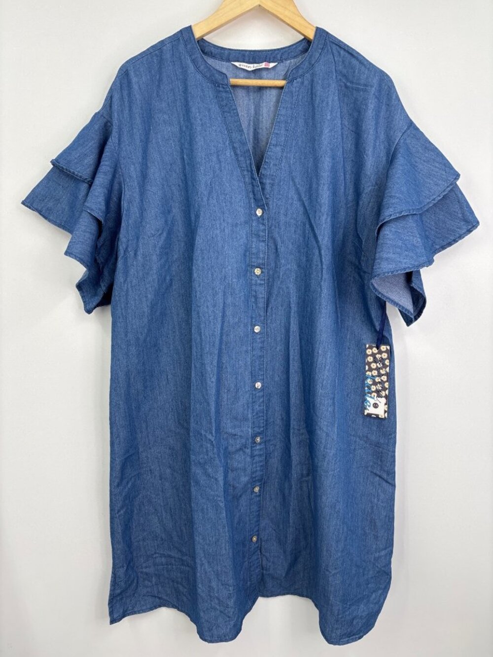Given Kale Jean Denim Button Flutter Sleeve Dress Blue Size 1X NEW